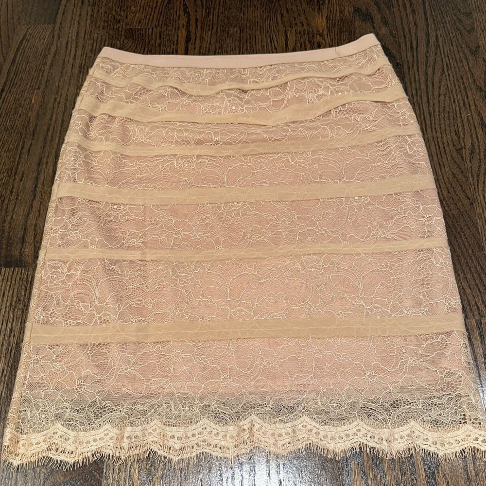 BCBGMaxAzria Blush Bare Pink Nude Lace Overlay Jocelyn Skirt Small